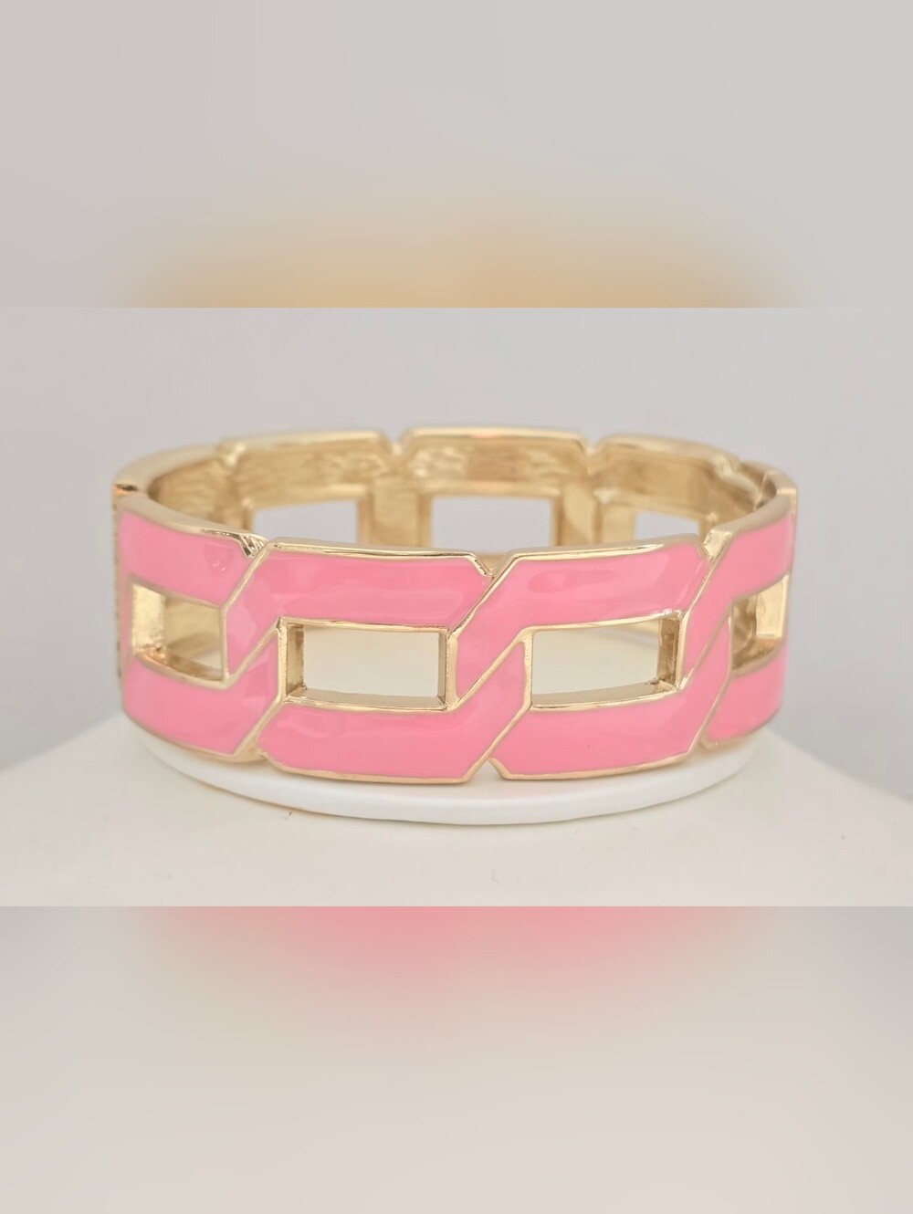 Gold-Tone  Enamel Pink Link Hinge Bracelet